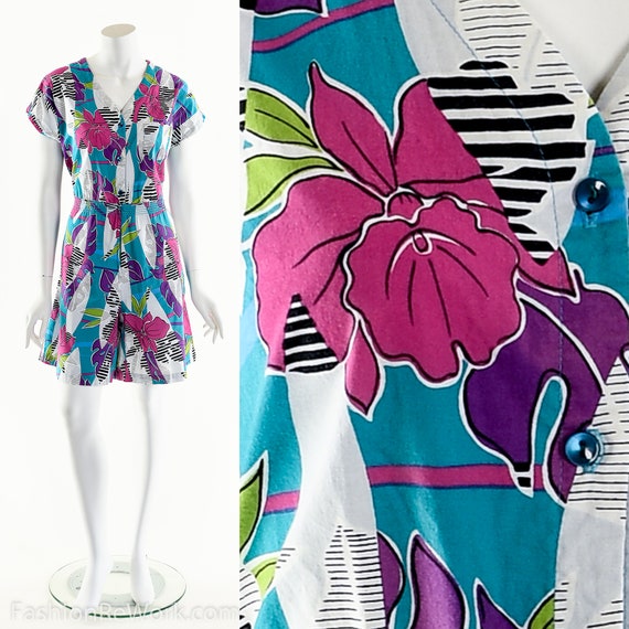 Tropical Floral Romper,80s Surf Jumpsuit,Vibrant C
