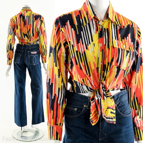 Novelty Print Button Down Blouse, 70’s Funky Abst… - image 1