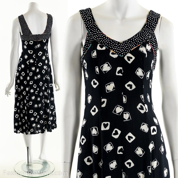 Heart Print Dress, Black Gauze Dress, 90’s Grunge