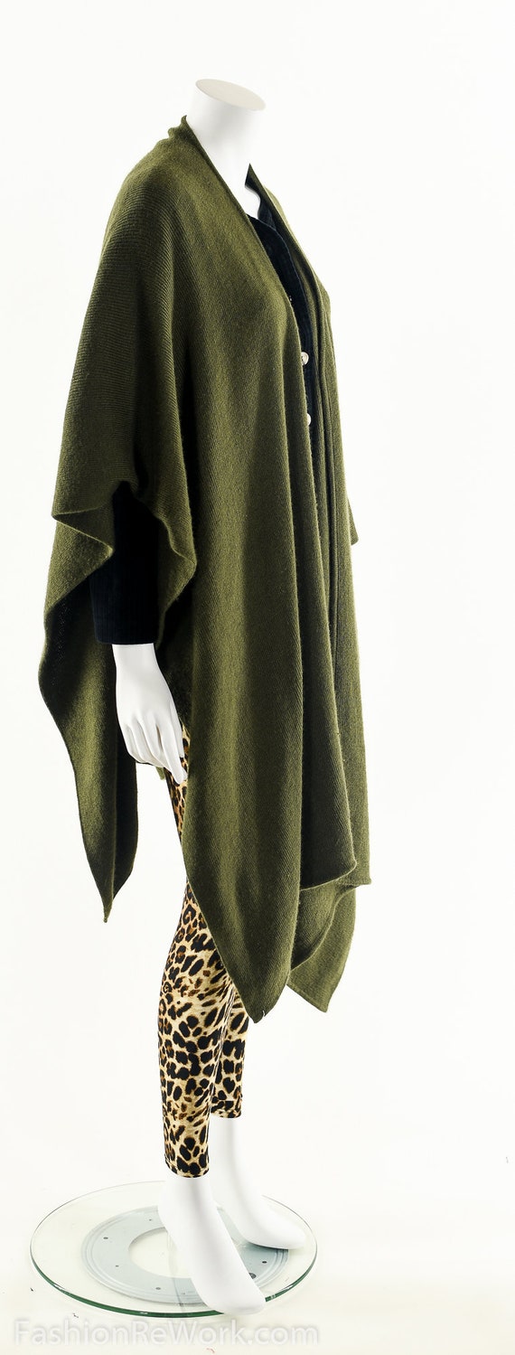 Green Knit Open Poncho,Vintage Sweater Cape,Olive… - image 3