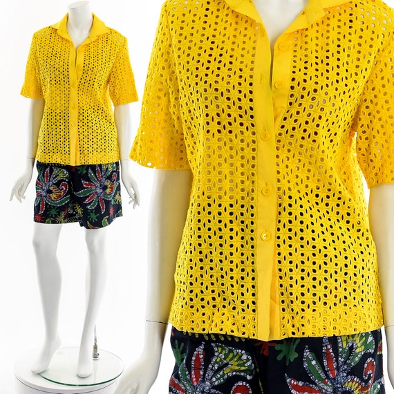 Bright Yellow Button Up Eyelet Top - image 1