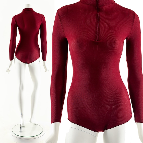 70's Dark Red Bodysuit,Long Sleeve Collared Bodys… - image 1