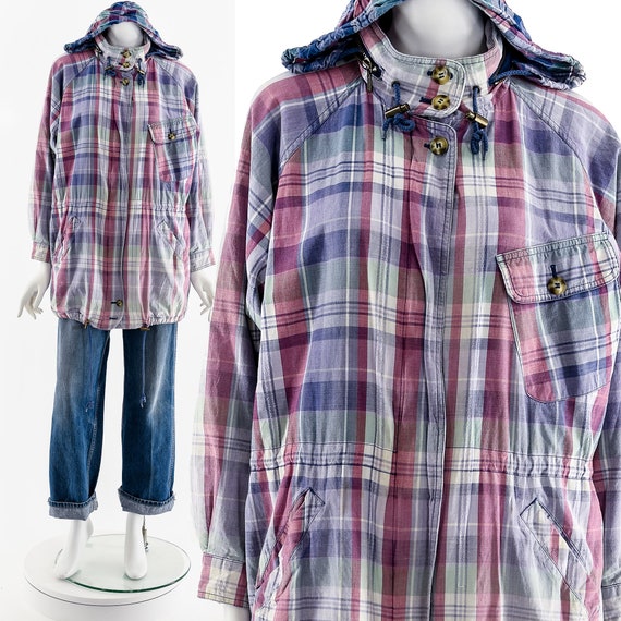 Eddie Bauer Reversible Purple Plaid Rain Anorak/hoodie Vintage 90s