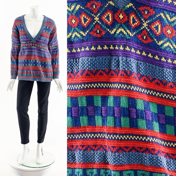 Rainbow Tribal Sweater,Vintage Multicolored Sweat… - image 1