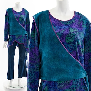 Asymmetric Purple Teal Attached Tassel Scarf Wearable Art Tunic