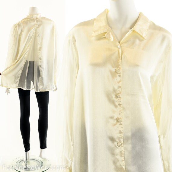 90's White Satin Blouse, Sheer Inset Blouse, Sheer