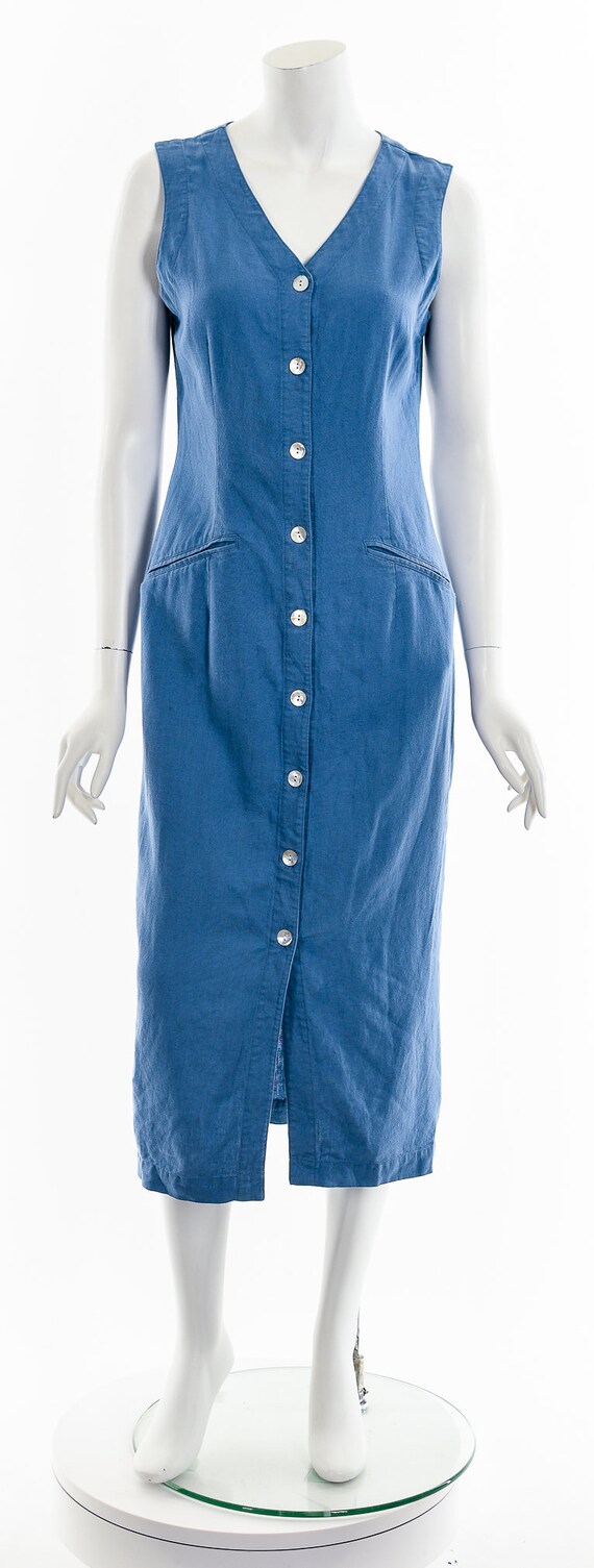 Dusty Blue Linen Button Down Midi Dress - image 4