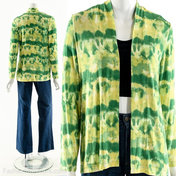 Watercolor Green Cardigan, 90s Slinky Tie Dye Car… - image 1