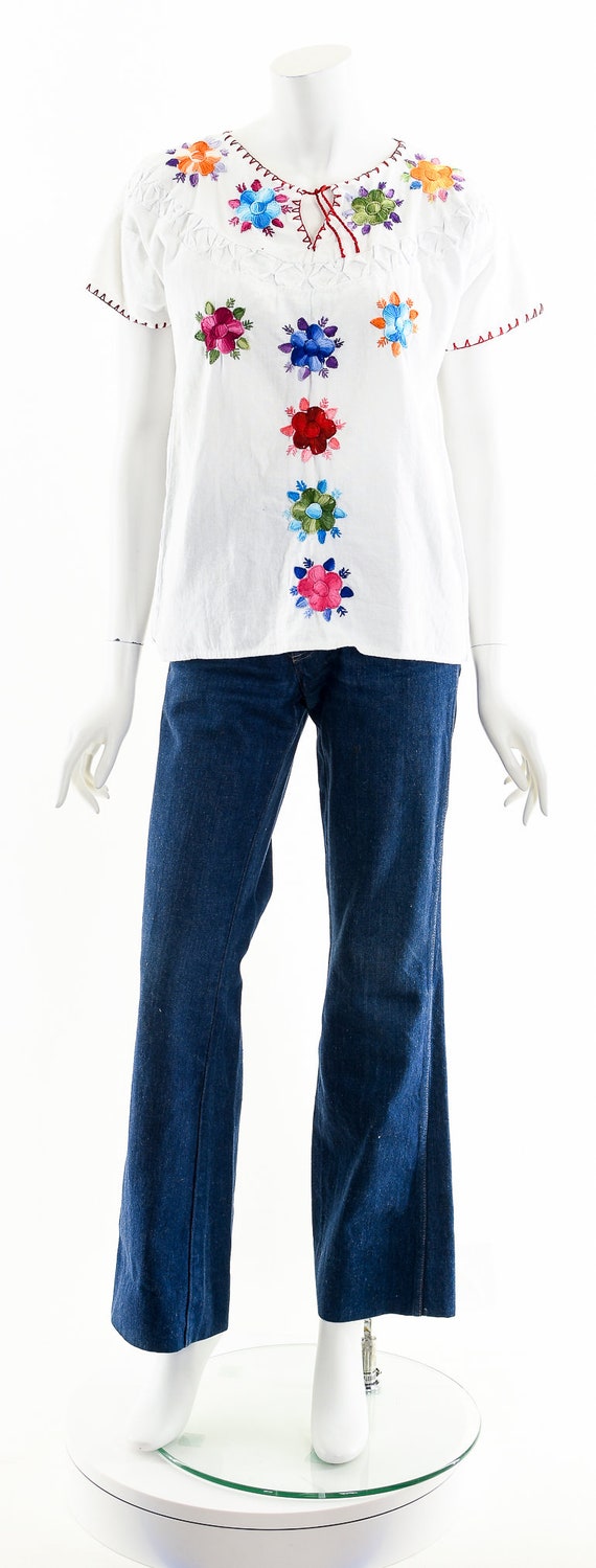 Embroidered Peasant Blouse,Rainbow Flower Embroid… - image 4