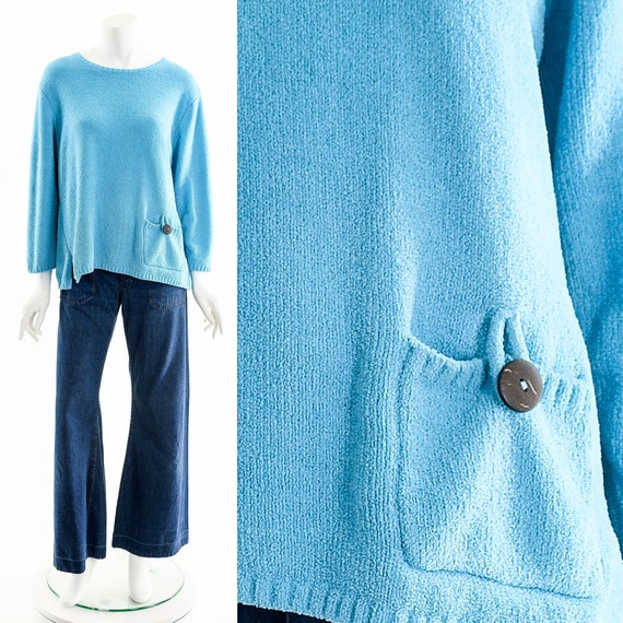 Aqua Blue Fuzzy Sweater, Asymmetric Pocket Sweate… - image 1