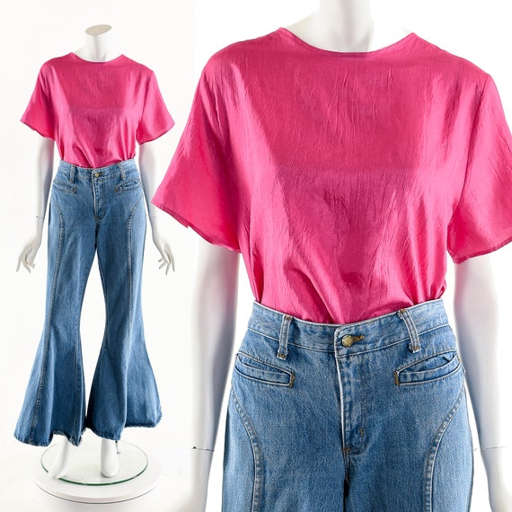 Pink Silky Blouse,Hot Pink Top,Silk Boxy Blouse,V… - image 2