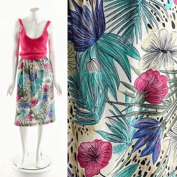 Short skirt Tropical Skirt Palm fronds Gathered skirt Vintage Skirt Tropical flowers Floral skirt Flowers Elastic waistband