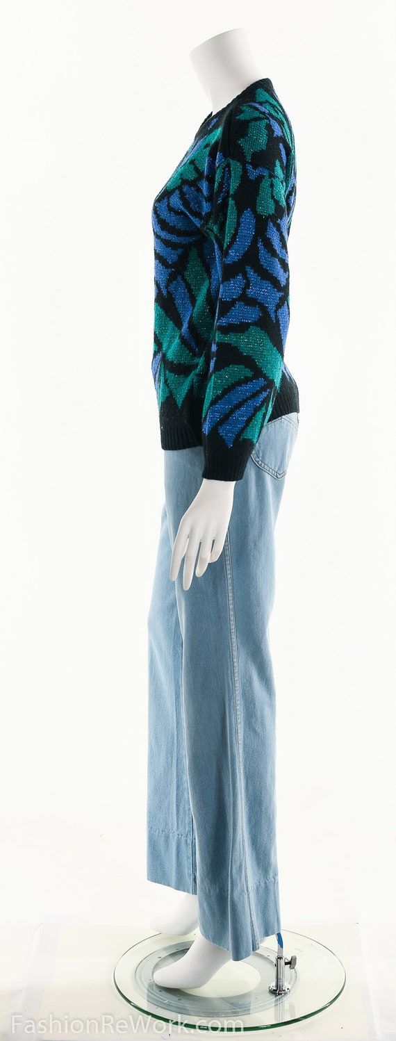 Abstract Peacock Metallic Funky Sweater 80s 90s - image 6