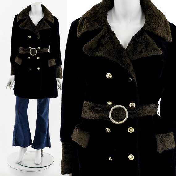 60's Black + Brown Faux Fur Shearling Belted Peaco