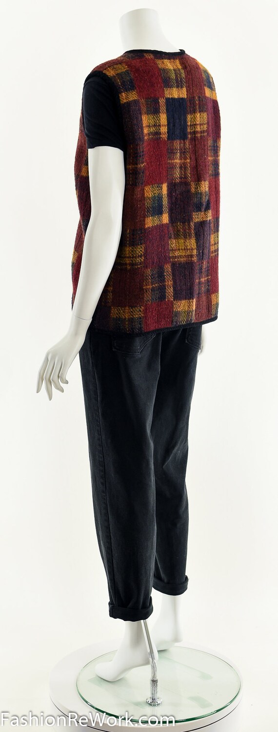 Dark Woolen Patchwork Plaid Vest - image 6