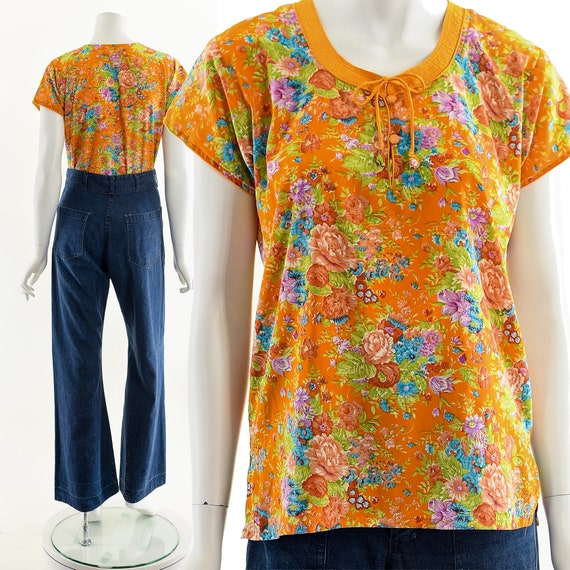 Orange Watercolor Flower Blouse - image 3