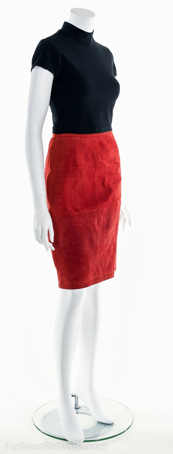 Red Skirt, Red Pencil Skirt, Patchwork Leather Pe… - image 3