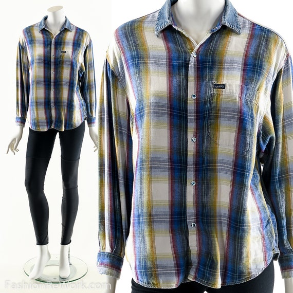 Plaid Chambray Blouse, Vintage Guess Blouse, Plaid