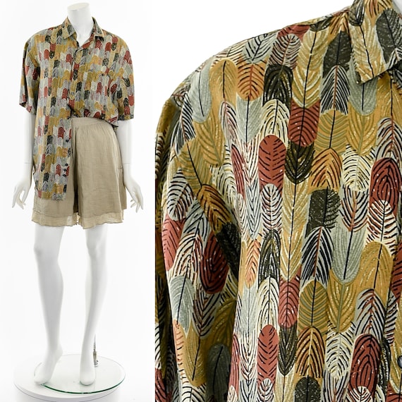 Feather Print Silk Button Down Shirt - image 3