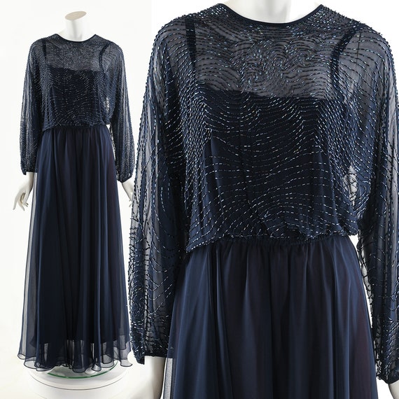 Beaded Navy Blue Chiffon Sweeping Formal Dress Ja… - image 9