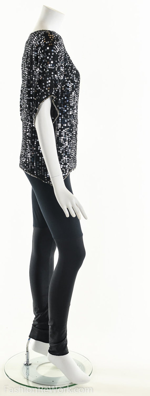 Sequin Silk Blouse, Floral Sequin Top, Beaded Sil… - image 3