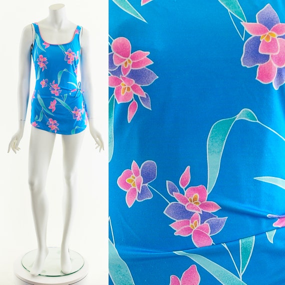 Tropical Floral Swimsuit,Vintage 70s One Piece Su… - image 2