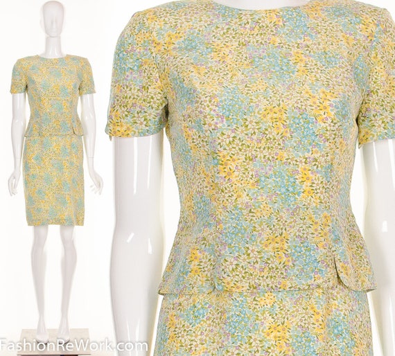 Silk Retro Peplum Dress Silk Mini Dress Pastel Flo