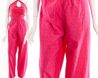 Pink Bohemian Jogger,Cotton Floral Casual Pants,Vintage Cotton Loungewear Pants,Relaxed Boho Pants,Fuschia Pink Pants,Bright Pink Pants,Hot