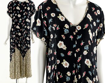 90s Rayon Gauze Dress, Floral Rayon Dress,90s Grunge Dress,Two Tone Floral Dress,Handerkerchief Hem Dress,Festival Dress,Boho Hippie Dress