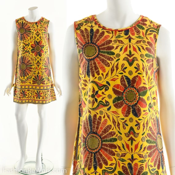 60's Bohemian Flower Dress, Peacock Mini Dress, Hi