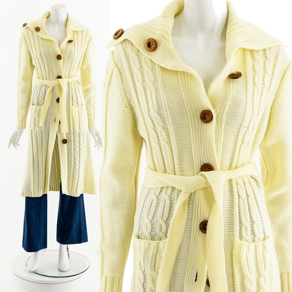 Off-White Cable Knit Button Up Duster Cardigan 70s - image 1
