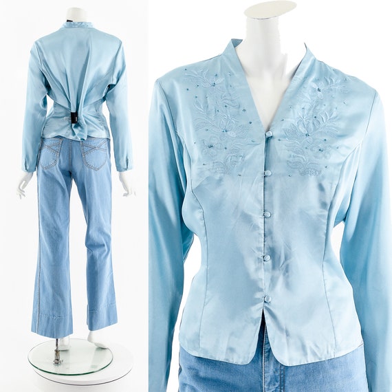 Blue Satin Embroidered Silky Boho Blouse - image 2
