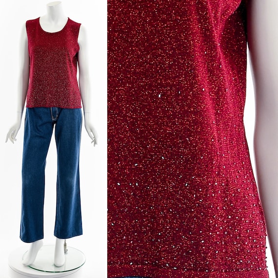 Red Stretchy Sparkly Knit Top - image 1