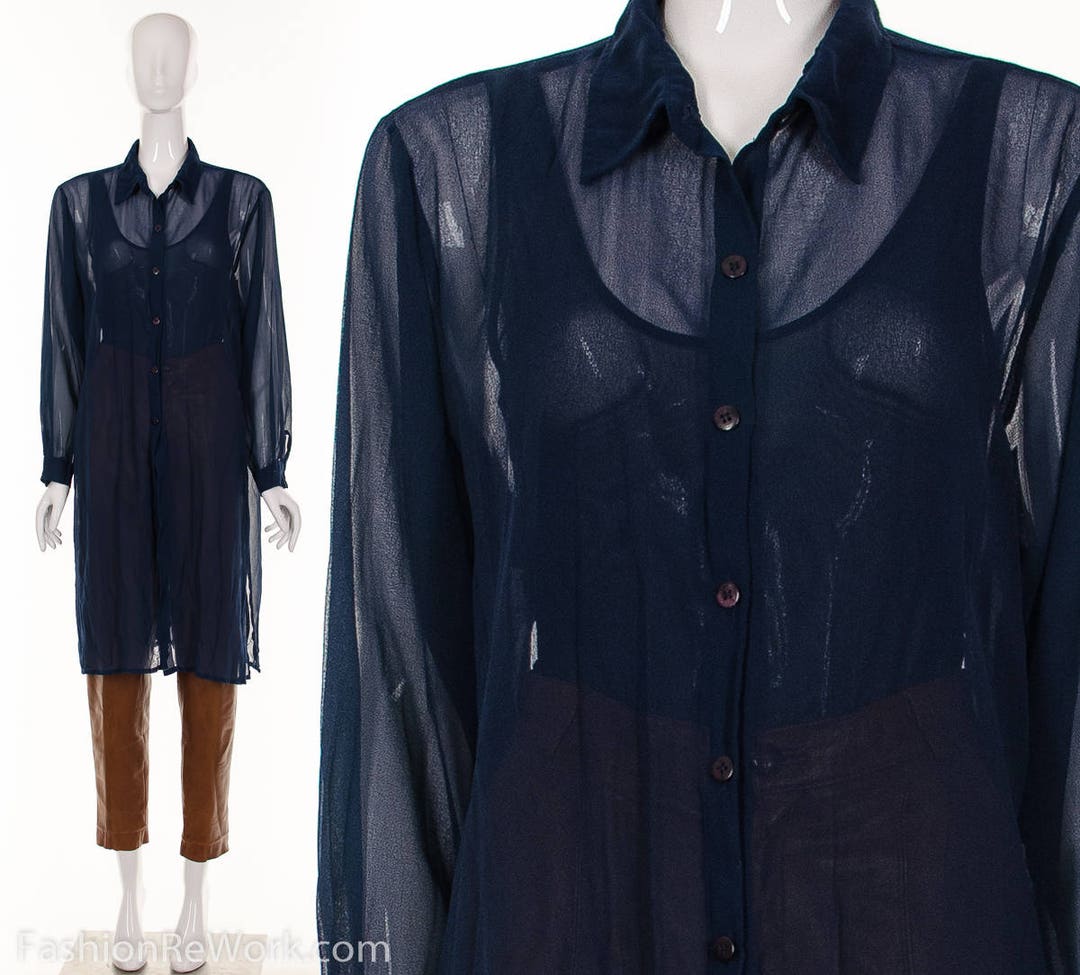 90's Navy Blue Sheer Long Duster Blouse Ethereal Blue Semi - Etsy