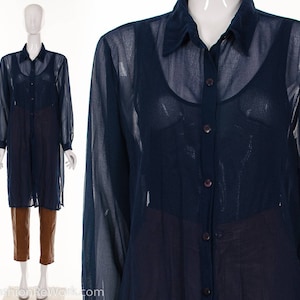 90's Navy Blue Sheer Long Duster Blouse Ethereal Blue Semi Sheer Button Down Top Diaphanous Floating Top Small Medium image 1