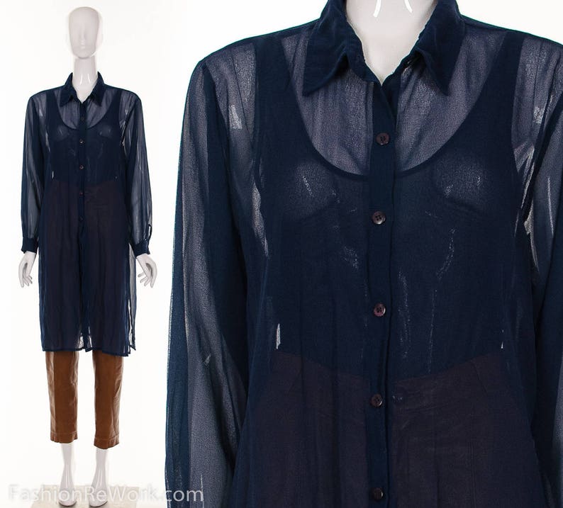 90's Navy Blue Sheer Long Duster Blouse Ethereal Blue Semi Sheer Button Down Top Diaphanous Floating Top Small Medium image 1