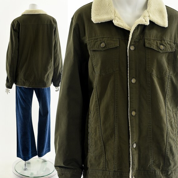 Olive Green Denim Sherpa-Lined Jacket - image 3