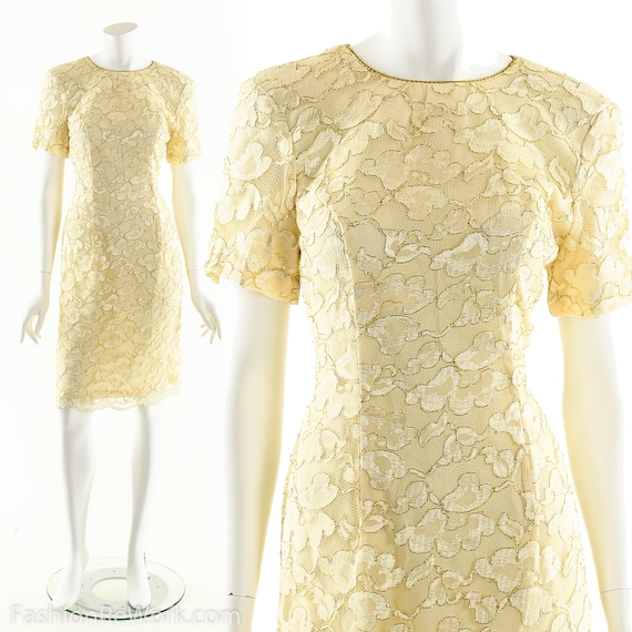 Cut Out Cream Lace Dress, Keyhole Gold Dress