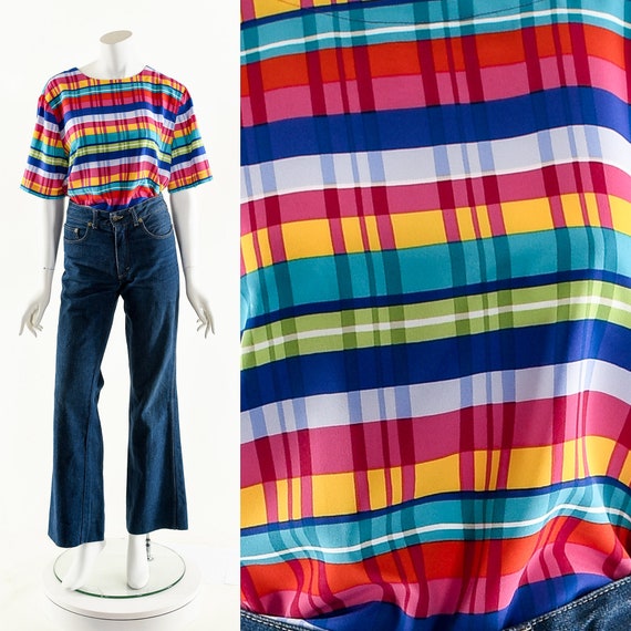RAINBOW MADRAS Blouse,Vintage Multicolored Plaid T