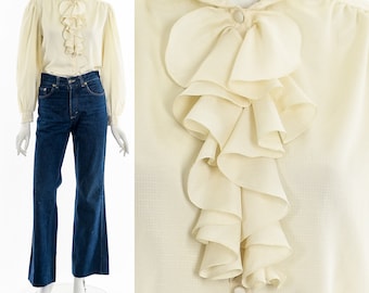 White Ruffle Neckline Blouse Prince Top