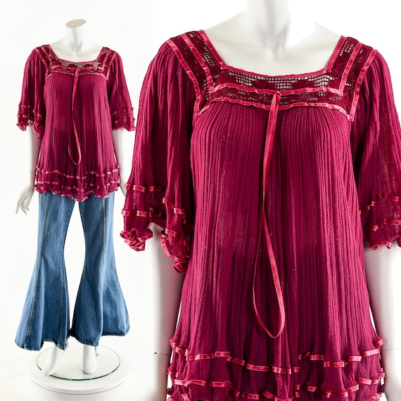 60's India Gauze Blouse,Magenta Pink Indian Gauze… - image 1