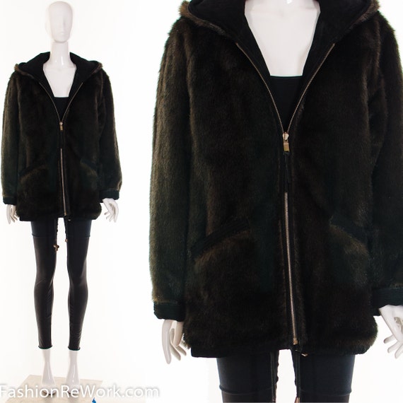 Reversible Dark Chocolate Brown Faux Fur Coat Rockabilly Jacket Grunge Black Leather Plush Hoo Vintage S M