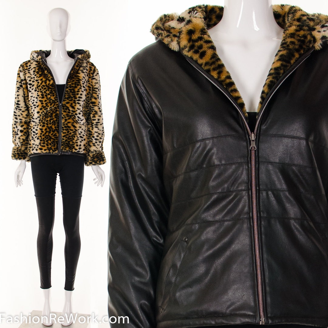 80₋90s leopard leather jacket レオパード柄 REBEL MINDS Leopard Collar Biker Jacket 612-553BLK - Shiekh