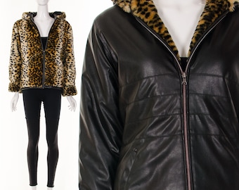REVERSIBLE LEOPARD Fur and Leather Zip Up Hooded Coat