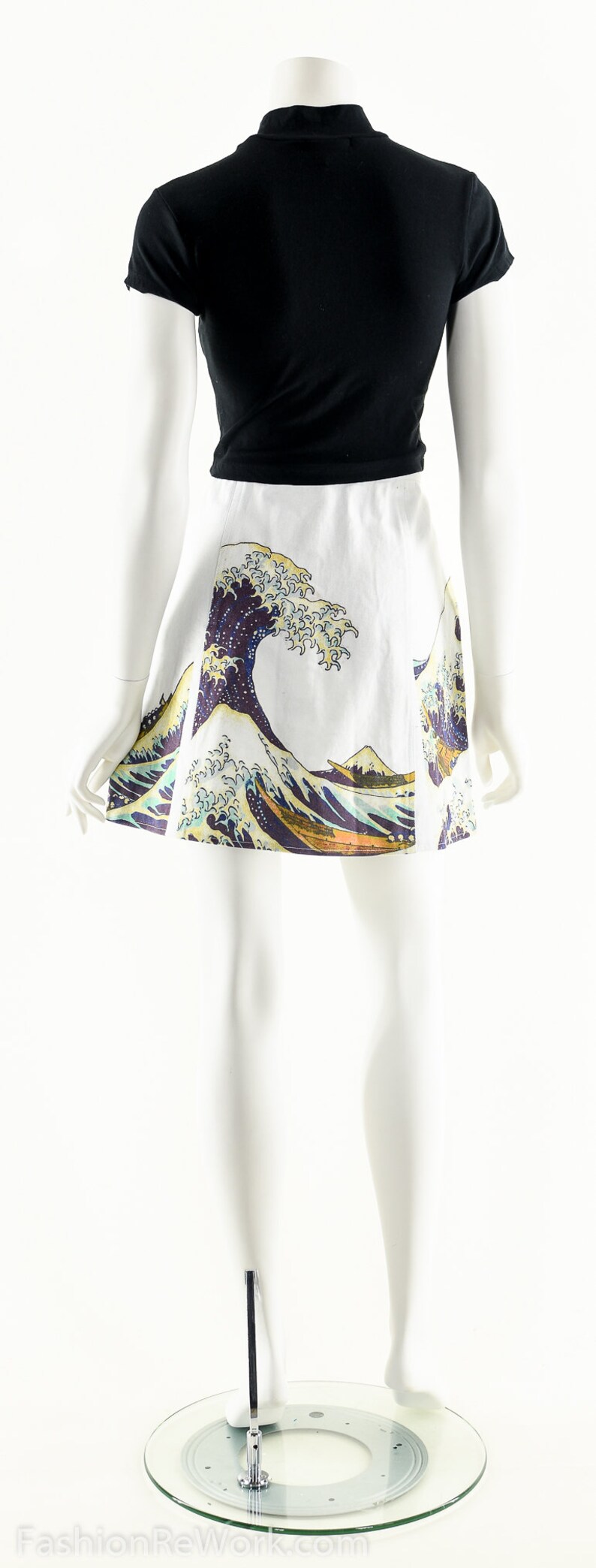 The Great Wave Skirt,90s Snap Front Skater Mini Skirt,90s Club Kid Skirt,Art Print Skirt,The Great Wave Off Kanagawa,Hokusai,Japanese Wave
