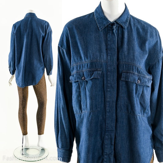 Chambray Button Down Shirt,Denim Utilitarian Shir… - image 3