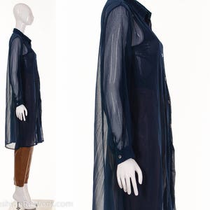 90's Navy Blue Sheer Long Duster Blouse Ethereal Blue Semi Sheer Button Down Top Diaphanous Floating Top Small Medium image 4