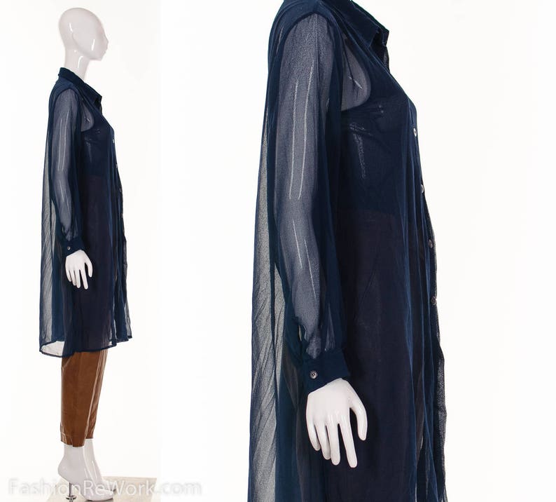 90's Navy Blue Sheer Long Duster Blouse Ethereal Blue Semi Sheer Button Down Top Diaphanous Floating Top Small Medium image 4