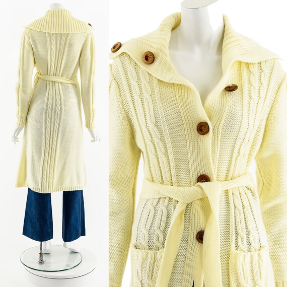 Off-White Cable Knit Button Up Duster Cardigan 70s - image 2