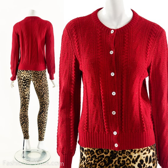 Red Cardigan Sweater,Cable Knit Sweater,50s Retro